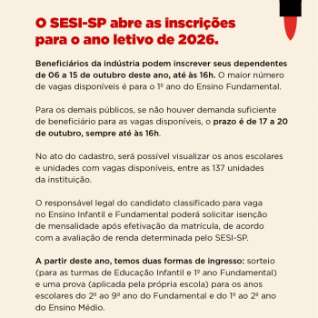SESI-SP abre inscrições para o ano letivo de 2026